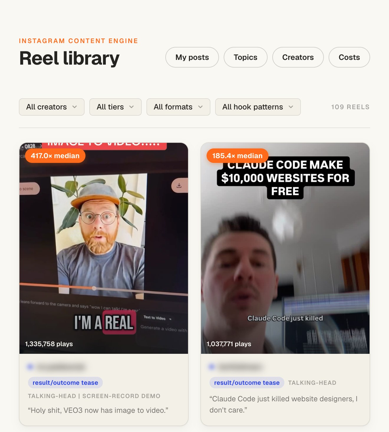 Content engine reel library scoring top-performing reels by hook pattern