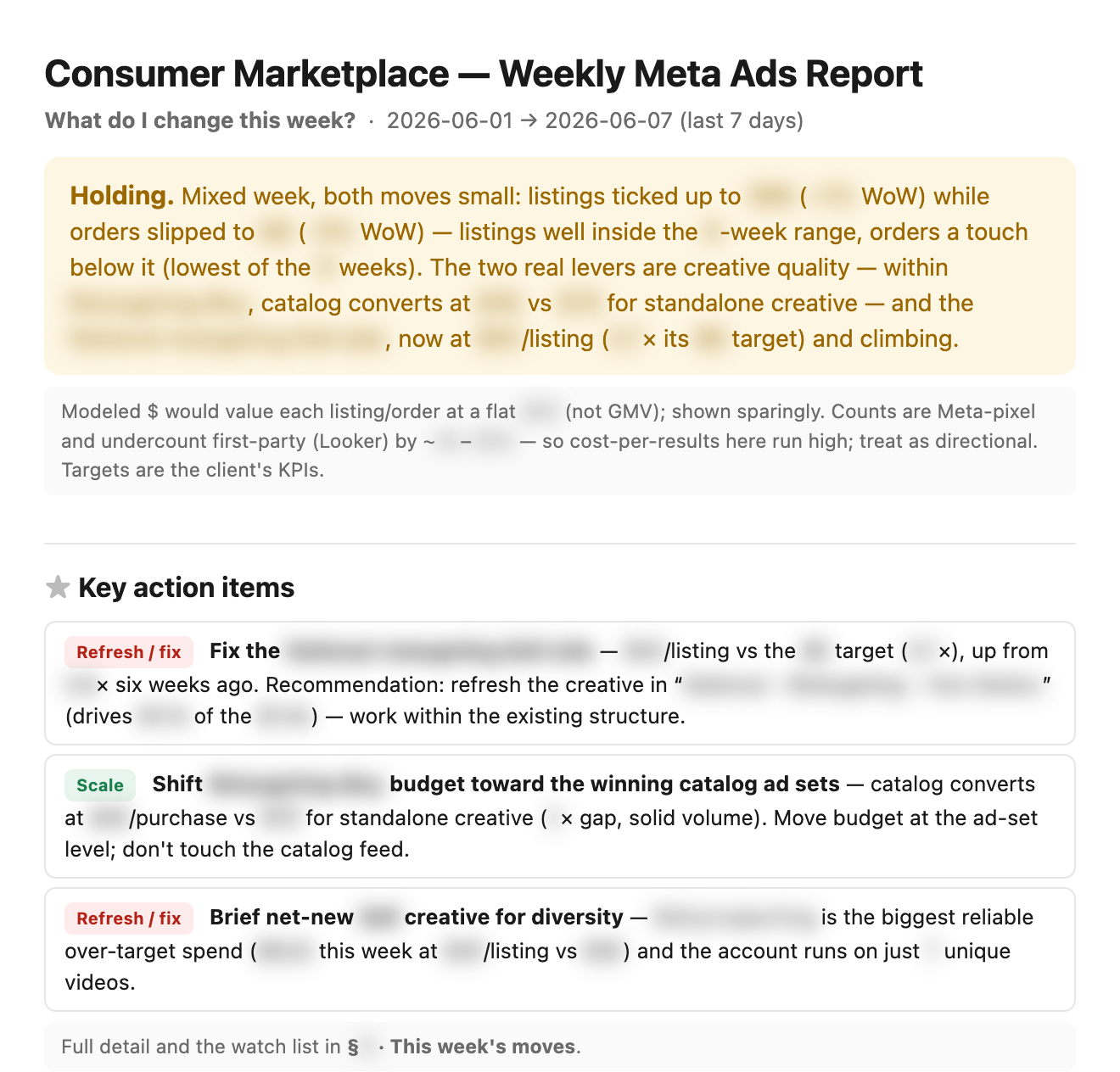 Weekly Meta ads report, exec summary and ranked action items, all client data and campaign names blurred